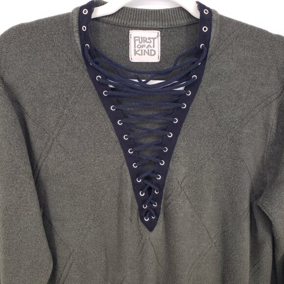 LF Furst of a Kind Lace Up Plunge Neck Sweater M Womens Upcycle Olive Green - Picture 6 of 8